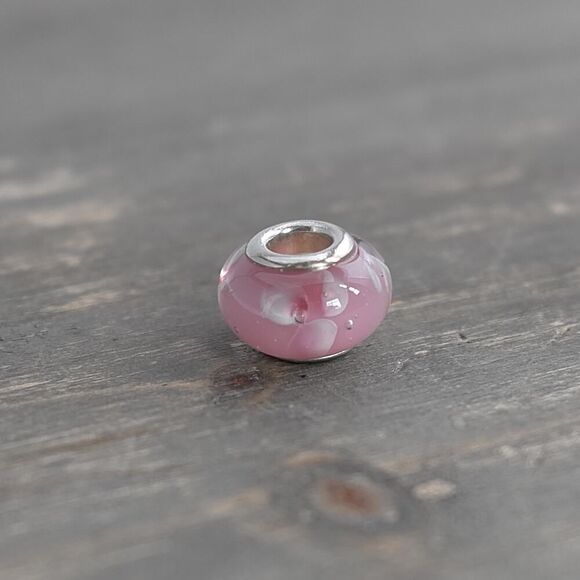 Murano Glass Style Pink Spacer Charm Bead Silver Tone Floral Pattern 5mm Opening - Picture 4 of 5